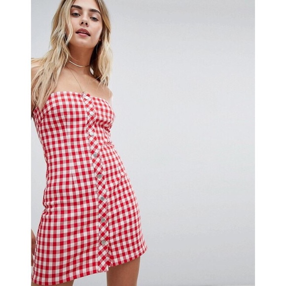 Red White Gingham Strapless Mini Dress - Picture 2 of 5